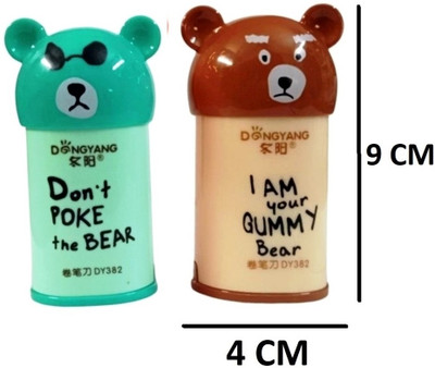 Gift Collection 2 Pieces Cute Bear Shape Dual Pencil Sharpener With Eraser for School Kids Double Pencil Sharpeners(Set of 2, Multicolor)