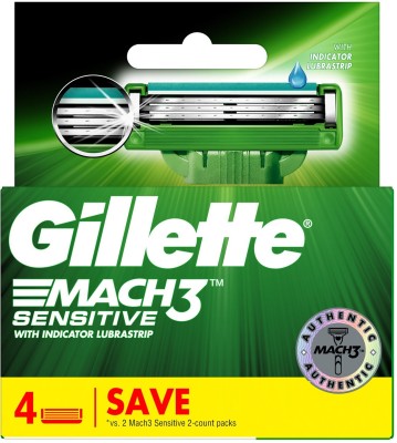 Gillette Mach3 Sensitive 3-Bladed Cartridges with Lubricating Strip(Pack of 4)