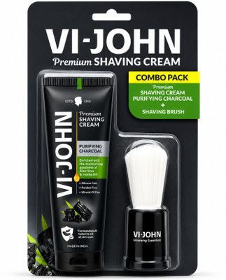 VI-JOHN Purifying Charcoal Paraben Free Premium Shaving Cream With Shaving Brush Free(70 g)