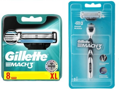 GILLETTE Mach 3 Shaving Blades- Pack of 8 (Cartridges) & New Blade Razor  (Pack of 9)