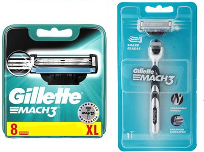 GILLETTE Mach 3 Shaving Blades- Pack of 8 (Cartridges) & New Blade Razor (Pack of 9)