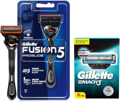 Gillette Mach3 Shaving Blades- Pack 6 & Proglide Men's Grooming Razor Flexball Technology, Men(Pack of 2)
