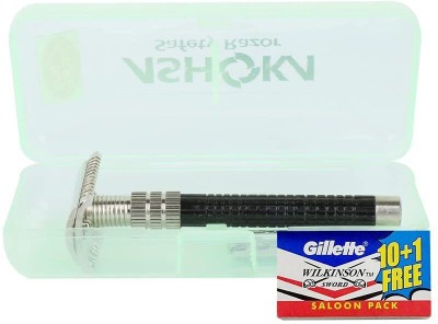 ASHOKA Open+Close Comb Double Edge Brass Safety Razor with 10 SS Blades-A005