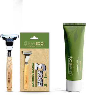 SHAVECO Bamboo EDGE 3 Razor with Extra Cartridge & Natural Shaving Gel Combo, Men