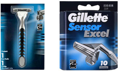 Gillette Sensor Excel Cartridges Blade With Razor (10 Cartridge + 1 Razor Handle)(Pack of 2)