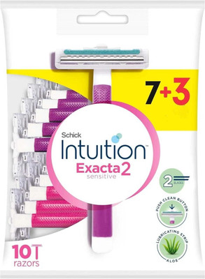 Schick Intuition Exacta2 Sensitive Twin Blade Razors with Aloe Vera Lubricating Strip Razors 7+3, Women(Pack of 10)