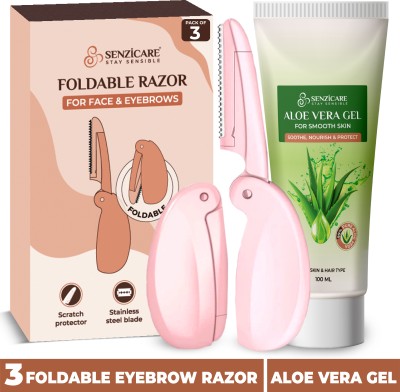 Senzicare Foldable Eyebrow & Facial Razor for Women ( 3 units ) And Aloe Vera Gel 100 ml(Pack of 2)