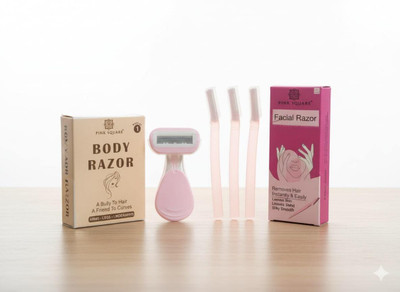 Pink Square Reusable Facial Razor + Portable Body Hair Razor Mini Bikini Razor Combo, Men & Women(Pack of 4)