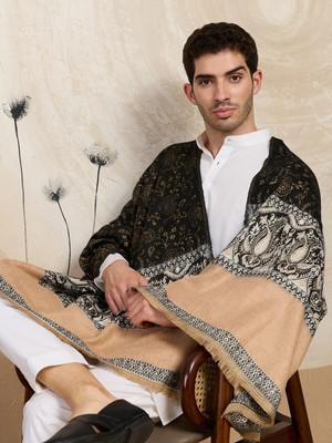 GREEN AGRITECH Polyester Wool Blend Woven, Self Design Men Shawl(Beige, Black)