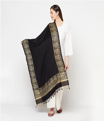 CHOUDHARYRETAILS Polyester Wool Blend Applique Women Shawl(Black)