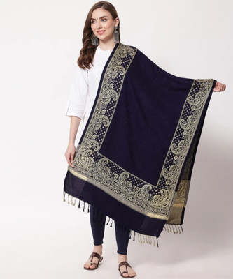 Braid N Cord Polyester Wool Blend Self Design Women Shawl(Black)