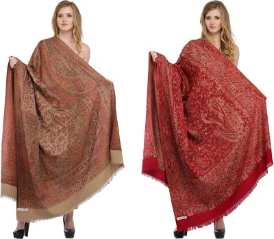 PASHTUSHS Pashmina Printed Women Shawl(Beige, Maroon)