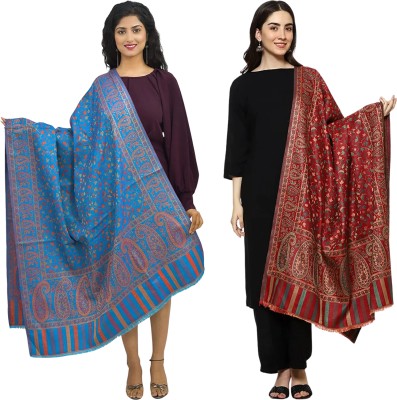 Royal-E-Kashmir Wool Self Design Women Shawl(Blue, Maroon)