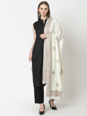 WEAVERS VILLA Polyester Wool Blend Solid Women Shawl(White)