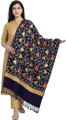 Golden Stichies Cashmere Embroidered Women Shawl(Blue)