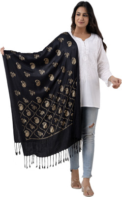 ML HUB Wool Floral Print Women Shawl(Black)