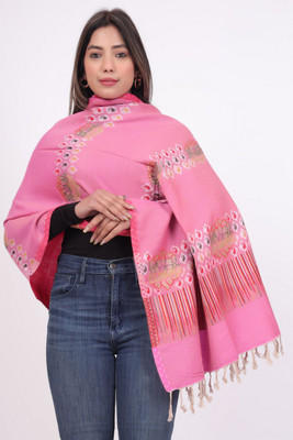 Kti Poly Wool Floral Print Women Shawl(Pink)