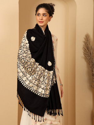Tweedle Wool Embroidered Women Shawl(Black, Beige)