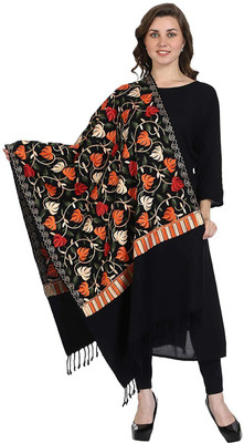 HOC Polyester Wool Blend Embroidered Women Shawl(Black)