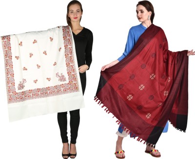 PASHTUSHS Pashmina Embroidered Women Shawl(White, Red)