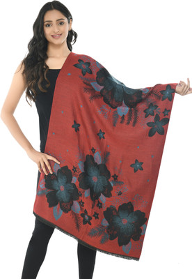 manra Wool Floral Print Women Shawl(Red)