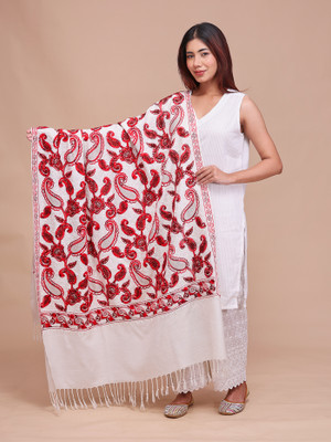swi stylish Wool Embroidered Women Shawl(White)