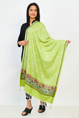 Pink World Wool Printed Women Shawl(Light Green)