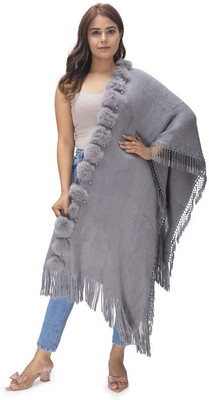 manra Wool Self Design Women Shawl(Grey)