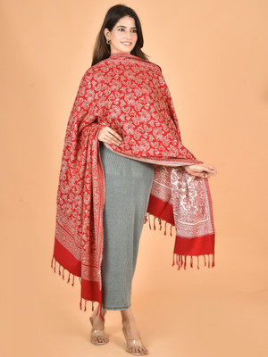BAISA Viscose, Wool Floral Print, Woven Women Shawl(Red)