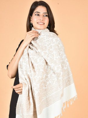 BAISA Viscose, Wool Floral Print, Woven Women Shawl(White)