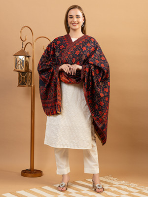 EVODAZE Wool Floral Print Women Shawl(Dark Blue)