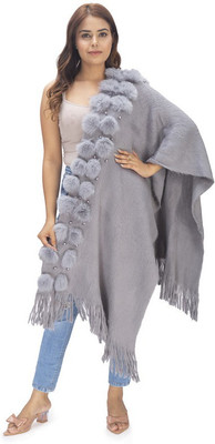 manra Wool Self Design Women Shawl(Grey)
