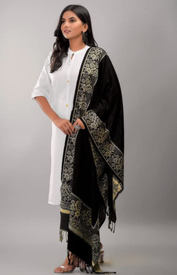Kashmiri Thead Wool Floral Print Women Shawl(Black)