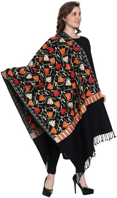 Royal-E-Kashmir Polyester Wool Blend Embroidered Women Shawl(Black)