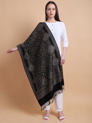 vesture Wool Woven, Geometric Print, Floral Print Women Shawl(Black, Multicolor)