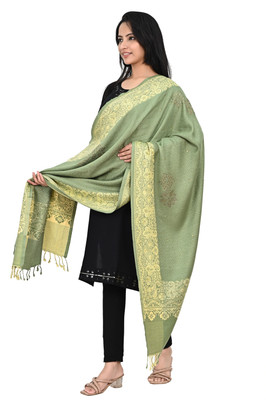 Pink World Wool Embroidered, Woven Women Shawl(Light Green)