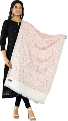 Braid N Cord Polyester Wool Blend Embroidered Women Shawl(White)