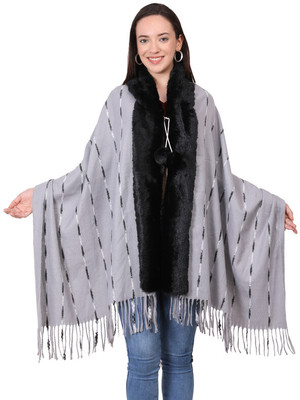 manra Wool Self Design Women Shawl(Grey)