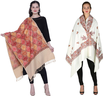 Retailmart Wool Printed, Woven Women Shawl(Beige, White)