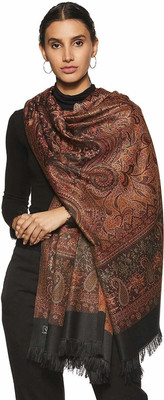 Royal-E-Kashmir Wool Self Design Women Shawl(Black, Maroon)