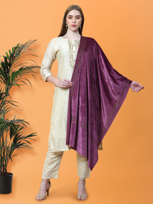 vesture Velvet Embellished, Embroidered Women Shawl(Purple, Gold, Multicolor)