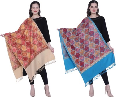 Kashmiri queen Pashmina Embroidered Women Shawl(Beige, Blue)