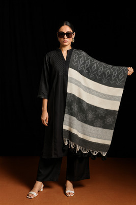 SCHp Pashmina Geometric Print, Striped Women Shawl(Black, Grey, Multicolor)
