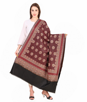 BRAVEZI Polyester Wool Blend Printed Women Shawl(Black, Maroon)