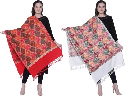 PASHTUSHS Pashmina Embroidered Women Shawl(White, Red)