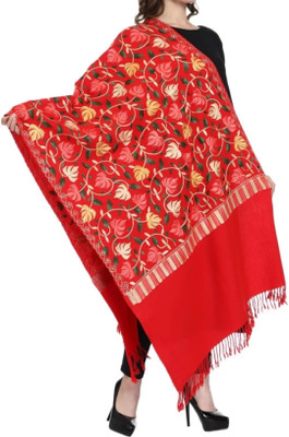 Home craze Wool Embroidered, Floral Print Women Shawl(Red)