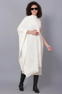 vesture Wool Self Design Women Shawl(White)