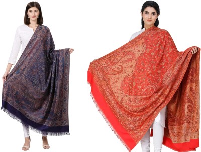 Royal-E-Kashmir Pashmina Embroidered Women Shawl(Dark Blue, Orange)