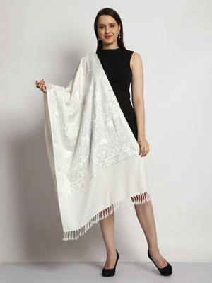 Tweedle Polyester Wool Blend Embroidered Women Shawl(White)