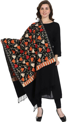 PASHTUSHS Polyester Wool Blend Embroidered Women Shawl(Black)